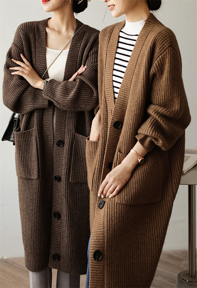 秋冬加厚粗针针织开衫女慵懒风复古宽松中长款v领毛衣外套上衣女