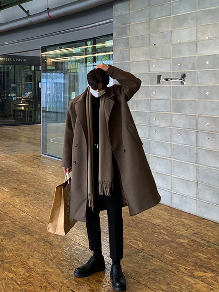 韩系中长款大衣男2024秋冬新款加棉加厚过膝宽松羊毛呢子外套潮流