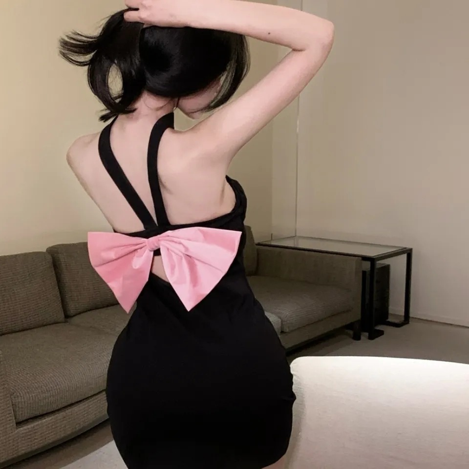 纯欲挂脖抹胸吊带连衣裙女装夏季辣妹蝴蝶结裙子包臀内搭打底短裙