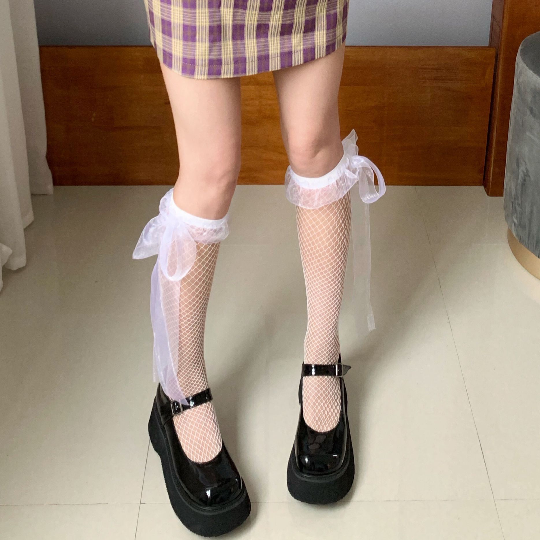 新品白色中筒袜女绑带花边lolita蕾丝薄款网袜日系洛丽塔jk小腿袜