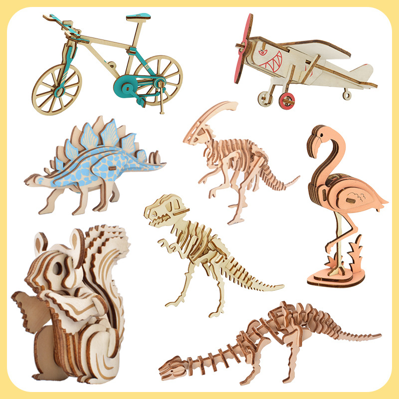 厂家直销动物恐龙拼图木质3d立体拼图儿童手工课活动礼品地摊玩具