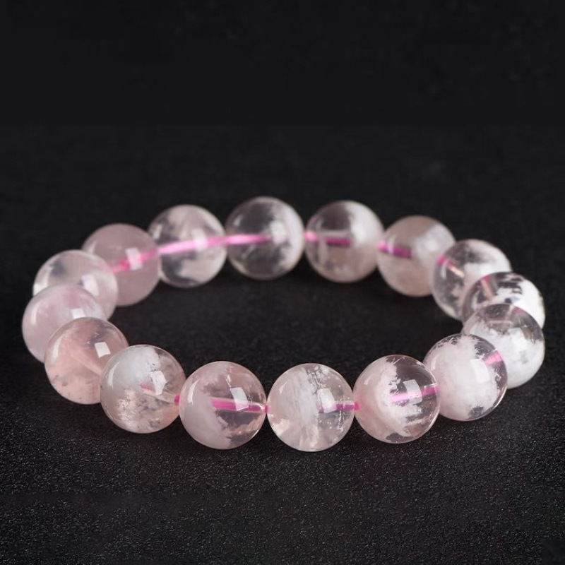 小石头缘珠宝 天然粉幽灵圆珠手链 粉色雪花幽灵水晶散珠手串