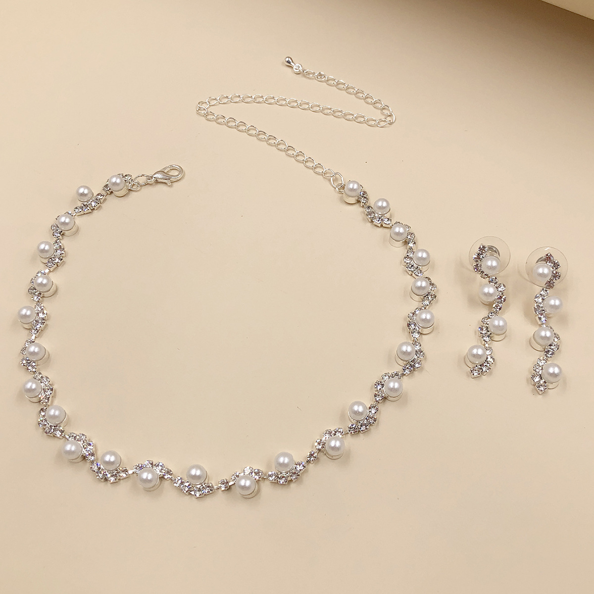 Cross-Border New Simple Rhinestone Three-Piece Set Necklace Earring Bracelet Bridal Wedding Matching Ornament 5667