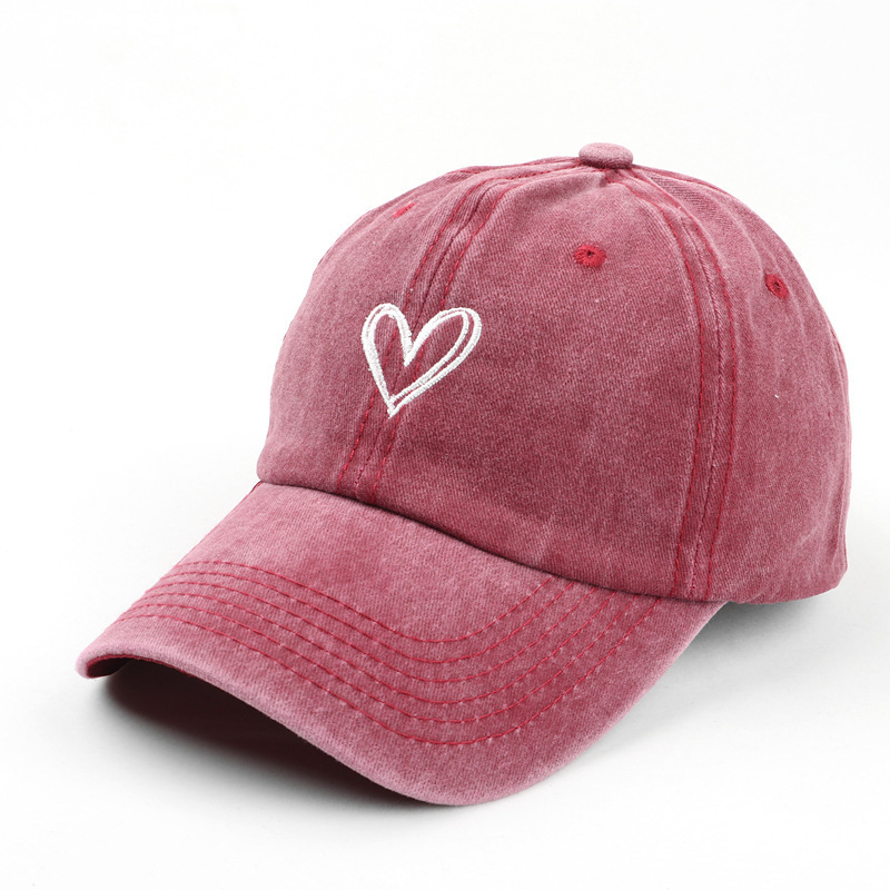 Men's Trendy All-Match Peach Heart Washed Distressed Embroidered Spring and Summer Baseball Cap Women's Korean-Style Thin Couple Soft Peaked Cap