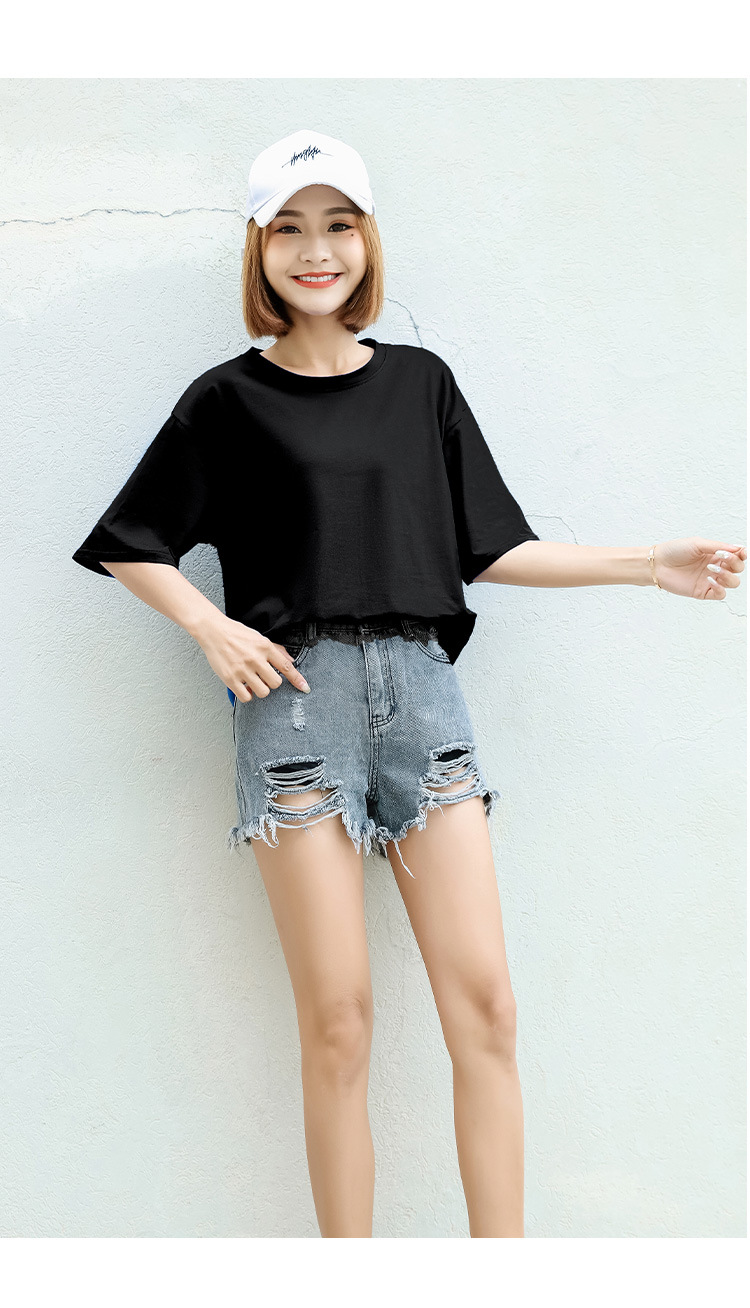 2019韩版圆领短袖t恤女宽松夏季百搭纯棉上衣学生bf风蓝色体恤潮