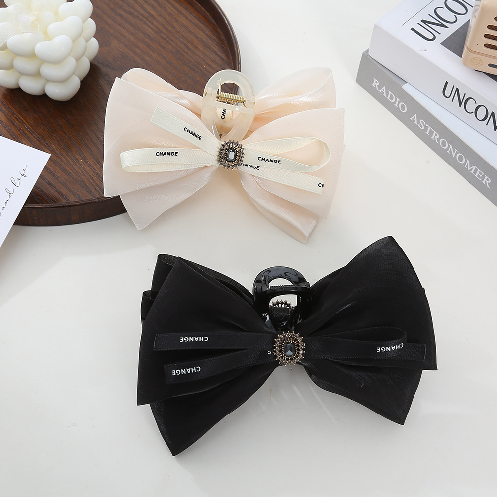 薄纱蝴蝶结抓夹韩版气质复古超大号后脑勺发饰发夹鲨鱼夹高级感