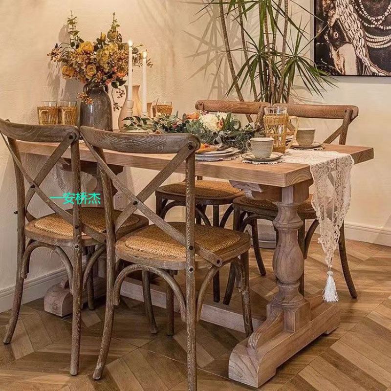 CH法式乡村实木复古餐桌家用饭桌美式餐厅原木桌子罗马柱长方形长