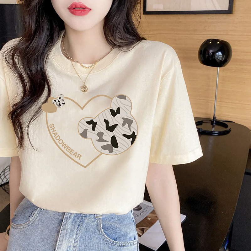 Women's Cotton Short-Sleeved T-shirt Summer New Loose Korean Style White round Neck Printed Half Sleeve T-shirt Student Casual Top