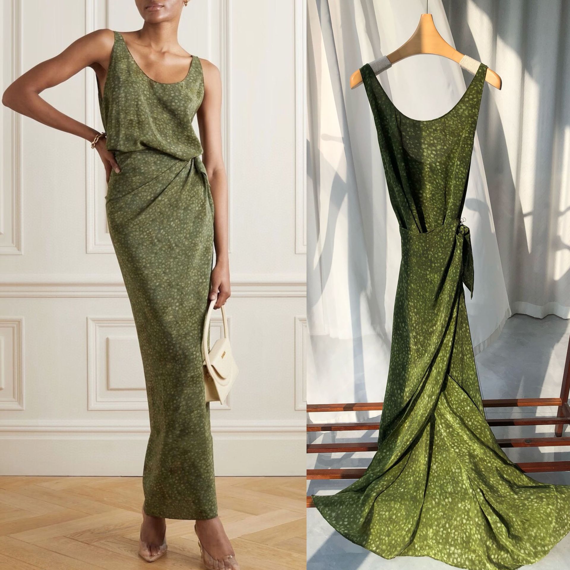 绿可可西班牙小众仙女牌斑点印花砂洗真丝裹式无袖长裙慵懒茶歇裙