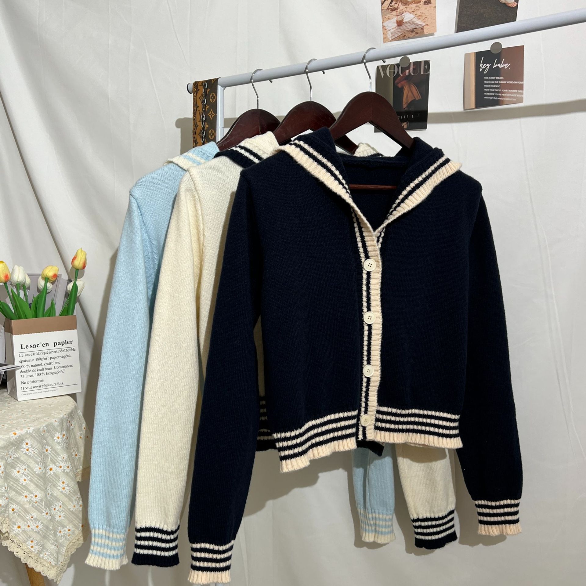 海军领针织衫2024年春夏季新款经典复古短款设计感针织女上衣