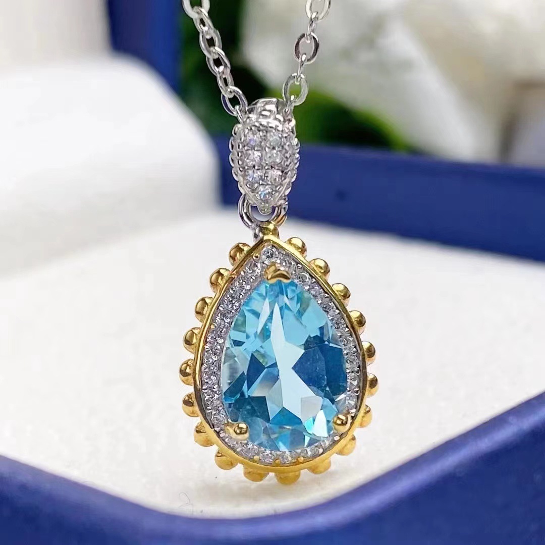 天然托帕石镶嵌925银水滴形做工漂亮火彩超闪主石7×10mm-阿里巴巴