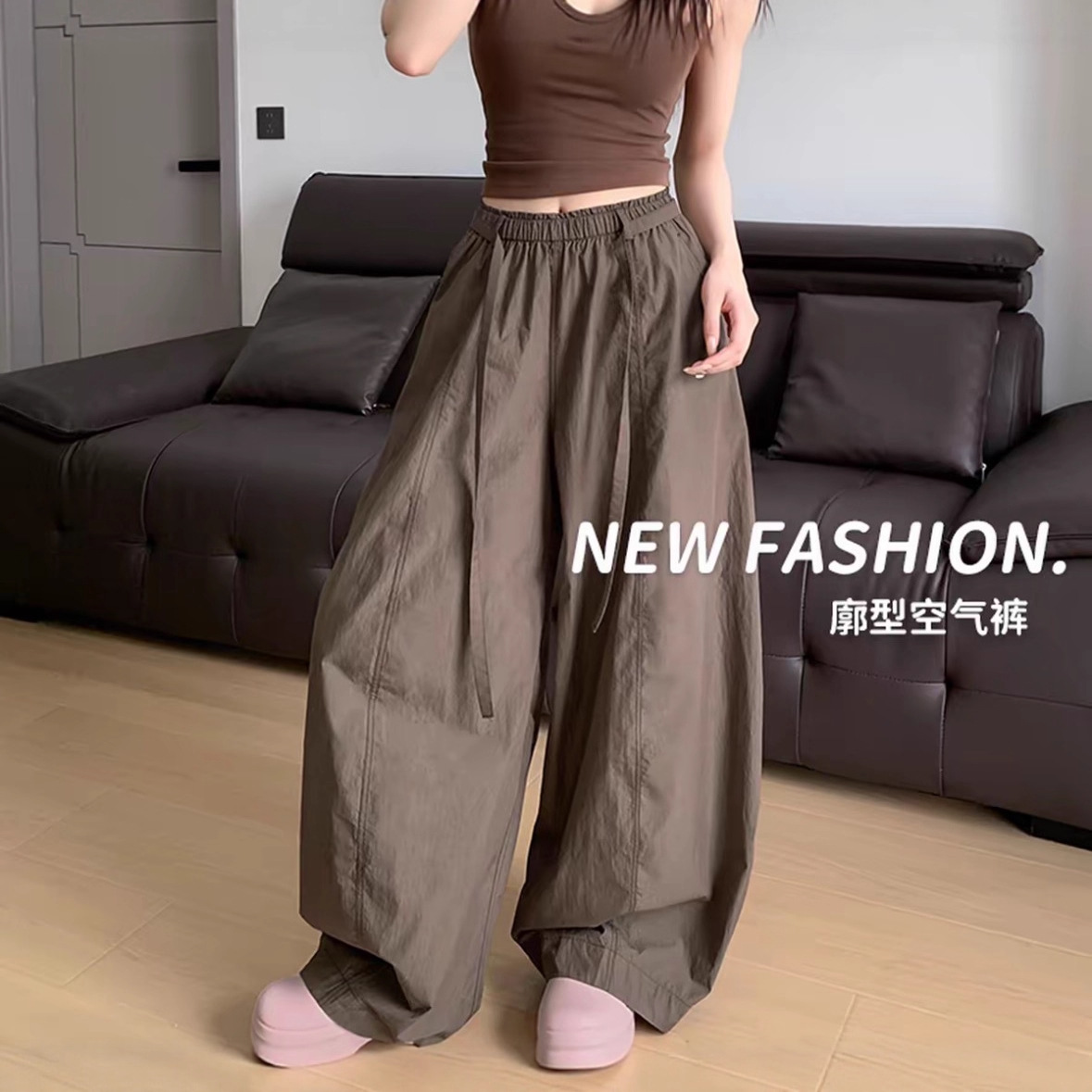 韩系挺阔弯刀空气裤女新款木耳边压褶休闲阔腿裤长裤