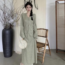 2024新款韩版女感气时尚休闲V领开叉设计感上衣加A字长裙两件套