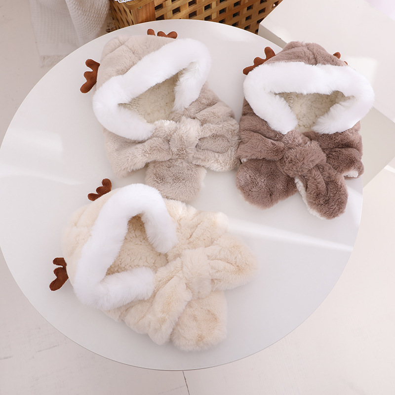 Winter Children's Hat Scarf Integrated Boys and Girls Thickened Warm Plush Cute Baby Antlers Earflaps Cap