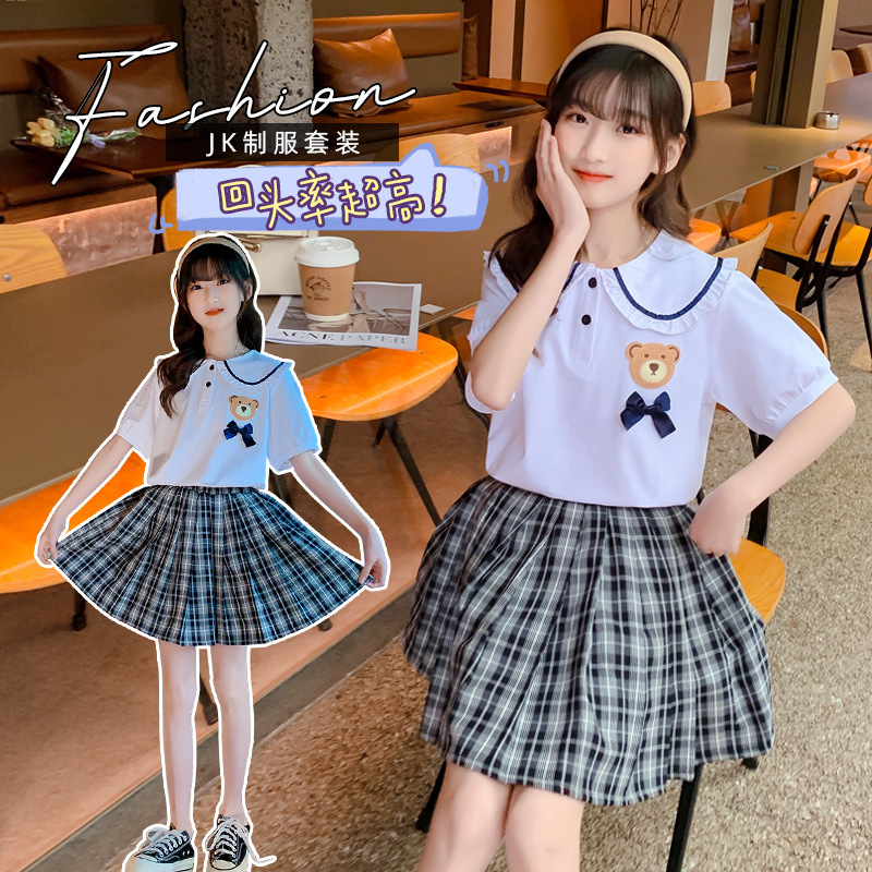 女童装短裙套装新款夏装中大童13女孩jk裙子卫衣两件套学院风夏装