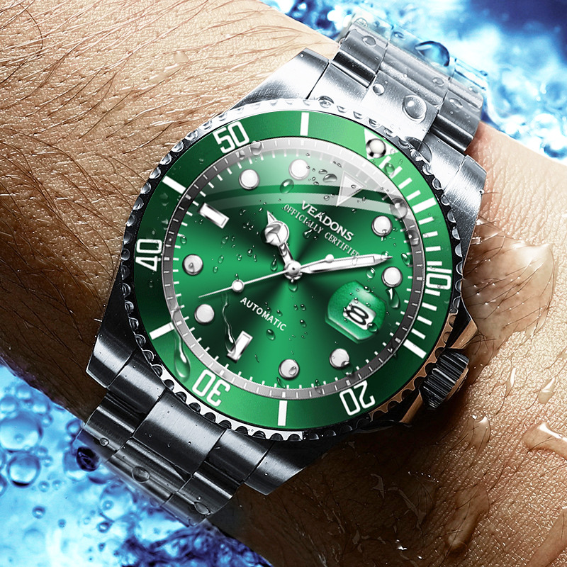 威顿绿水鬼手表男机械表商务日历夜光防水计时男士机械手表批发