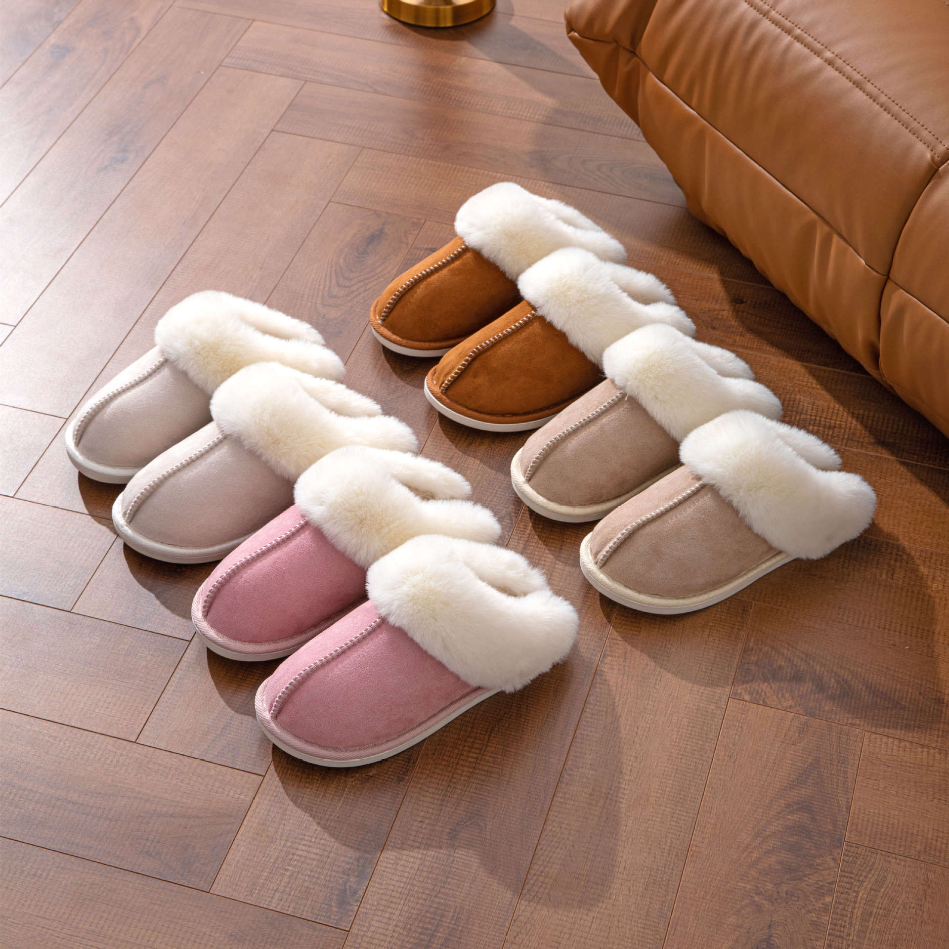 Cross-Border in Stock Spring Home Cotton Slippers Korean Simple Indoor Home Fluffy Shoes Non-Slip Thickened Cotton Slippers