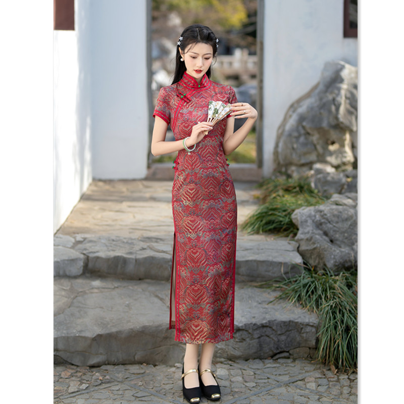 老上海复古国风中老年女士大码旗袍2024春夏新款仿香云纱烫金旗袍