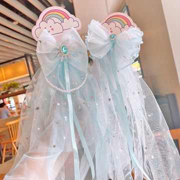 韩版冰雪公主儿童蝴蝶结发夹飘纱可爱小女孩珍珠链头纱顶夹头饰