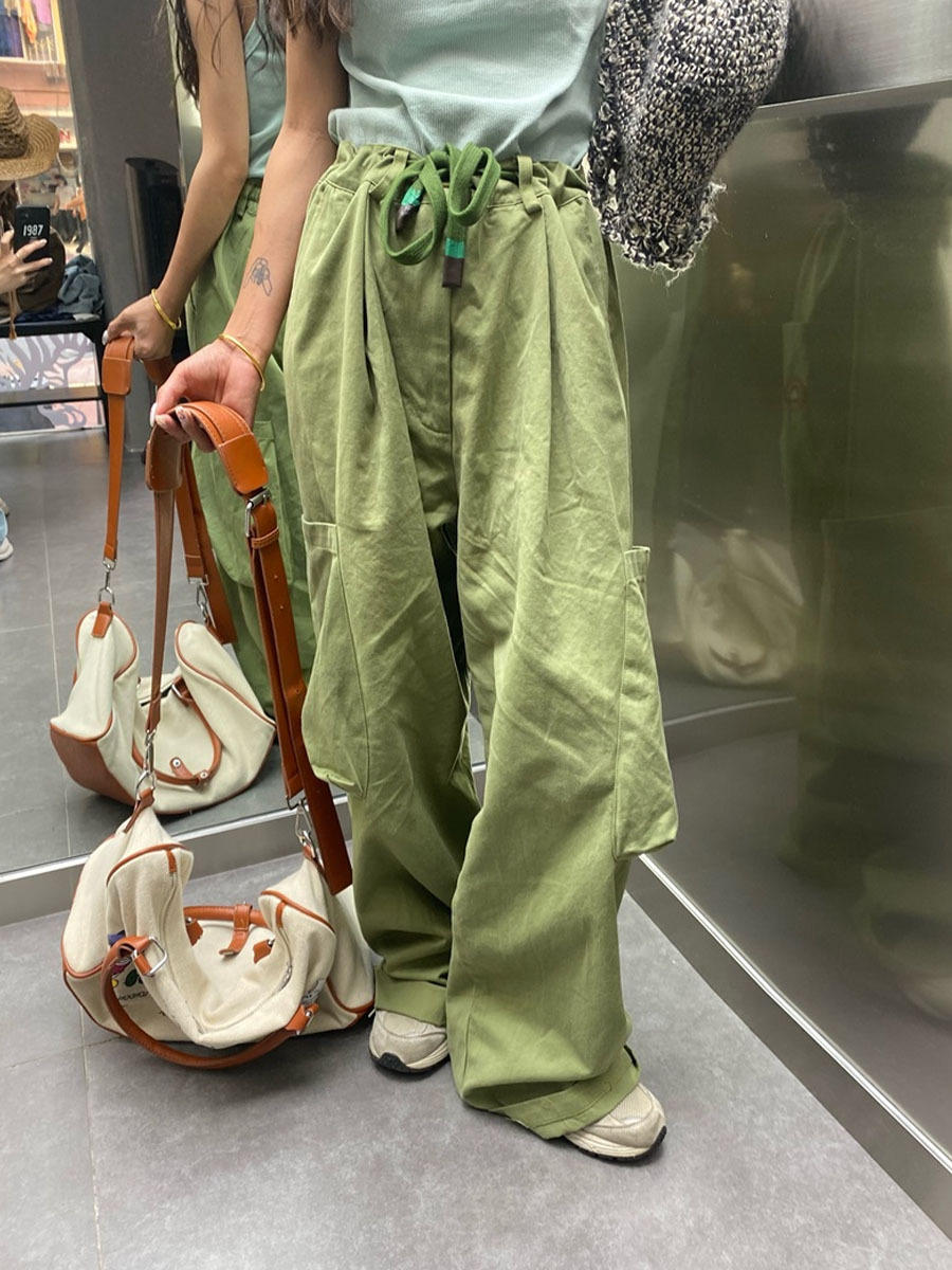 街头潮流美式绿色阔腿裤女小个子春夏季新款宽松直筒休闲工装裤子