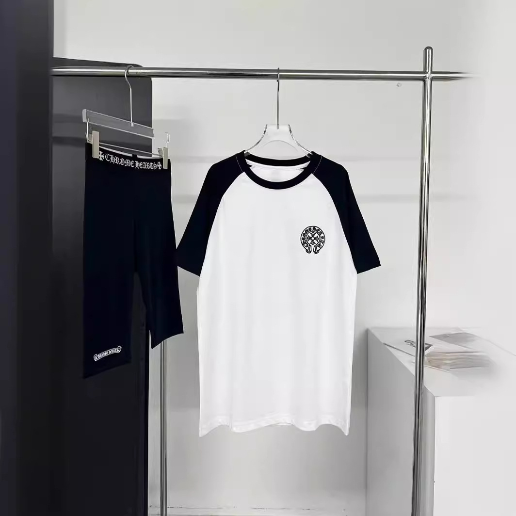 马蹄印梵文字母刺绣印花插肩袖撞色短袖t恤2024夏季新款 男女同款