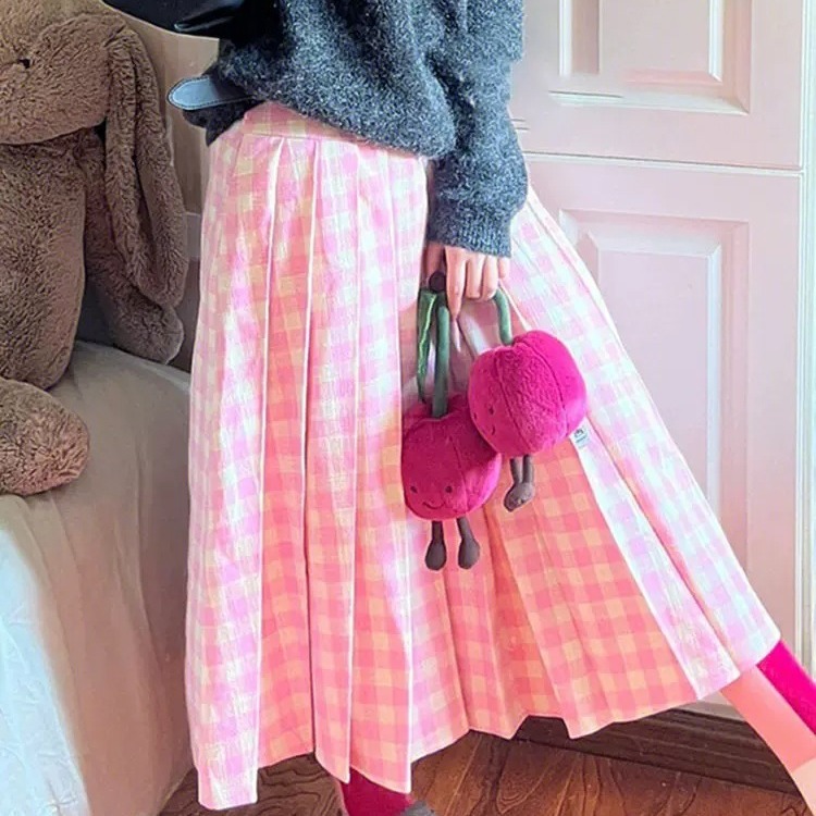 粉色少女格子百褶裙女2024春秋新款高腰显瘦半身裙长款女装 服饰