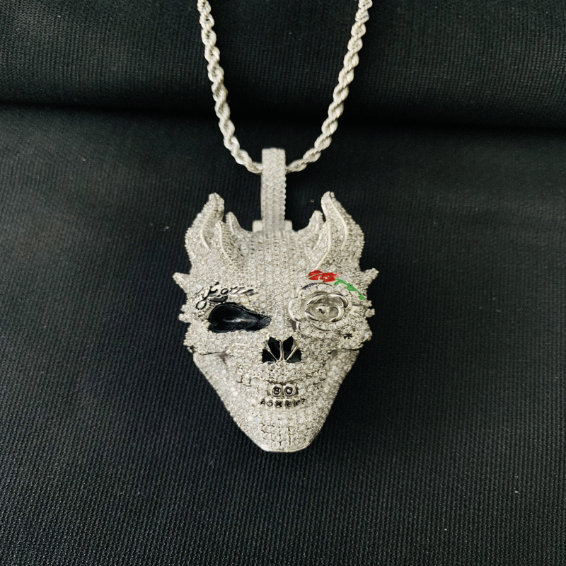 跨境欧美个性项链嘻哈恶魔骷髅头吊坠铜微镶锆石饰品