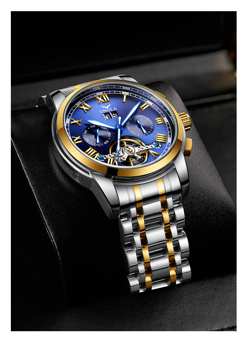 onola实心钢带商务陀飞轮镂空全自动机械手表男士防水手表男爆款