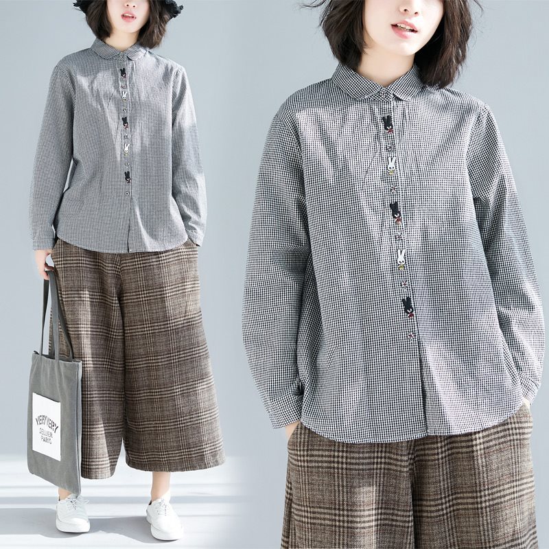 日本高端外贸出口春夏新款格子衬衣娃娃领文艺小清新休闲格子衬衫