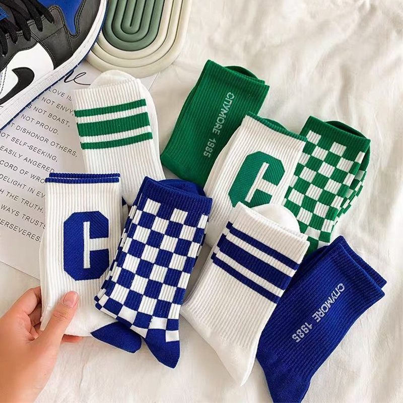 Cross-Border Hot Klein Blue Big C Foreign Trade Chessboard Grid Student Sports Socks Couple Stockings Men's Mid-Calf Socks