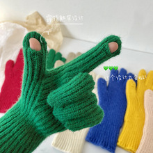 纯色毛线针织手套韩国东大门糖果色分指露指触屏学生防寒保暖手套