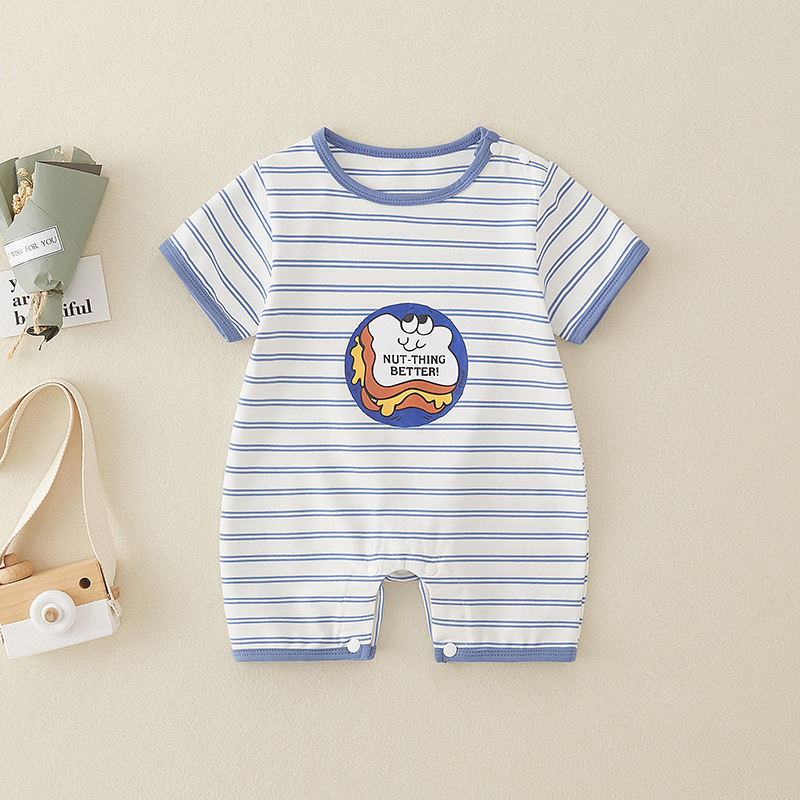 婴儿连体衣夏薄款短袖条纹男宝宝衣服可爱超萌爬服婴幼儿夏装哈衣