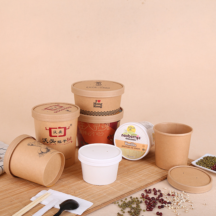 factory direct sales in stock disposable kraft paper takeaway packing box single coated fast food round paper soup bucket porridge cup