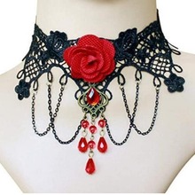 复古黑色蕾丝颈链玫瑰花大红水晶项链女配饰品欧美首饰外贸