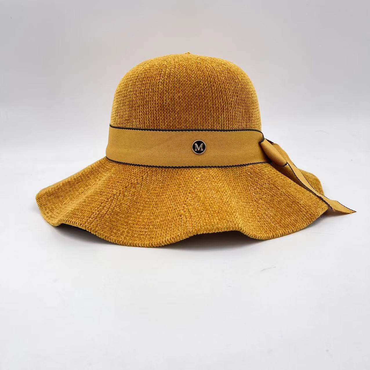 Internet Hot New Autumn and Winter Chenille Small M Bow Windproof Warm Broad-Brimmed Hat