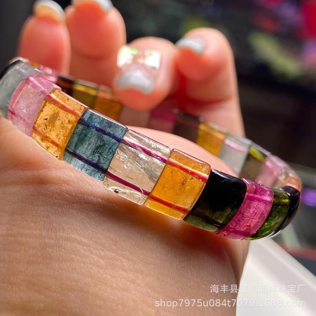 天然水晶巴西老矿料碧玺手排彩虹色晶体碧玺单圈手链女款水晶链