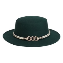 女士新款羊毛呢帽子秋冬时尚法式女平顶链条礼帽英伦复古风爵士帽