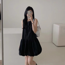 小个子短裙女2024夏季新款韩版纯色百搭减龄圆领背心裙黑色连衣裙