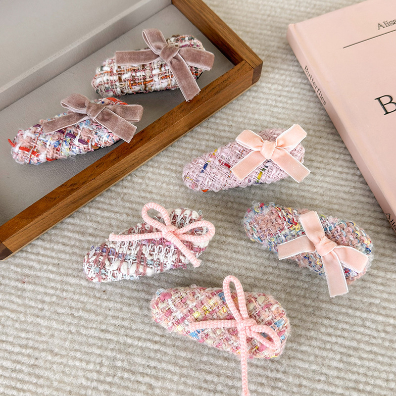 Classic Style Pink Bow Woolen Barrettes Female Autumn and Winter Bangs Side Clip High Sense Hairware Hairpin