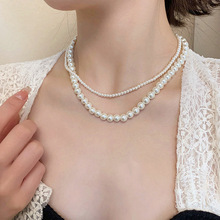 时尚新款双层玻璃珍珠项链叠戴女锁骨链 轻奢小众感颈链锁骨链