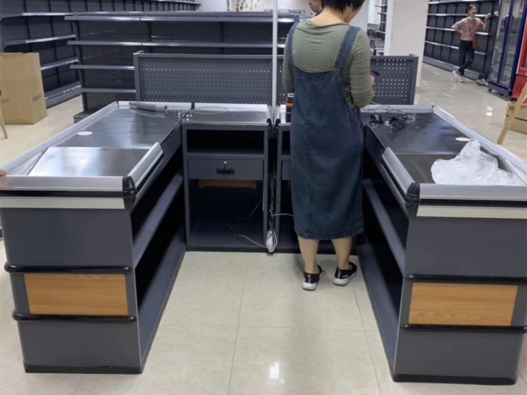 超市收银台商场便利生鲜蔬果店卖场转角钢木简约不锈钢台面收银台