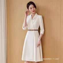 米白色正式场合连衣裙女气质时尚西服裙子主持人感职业正装裙