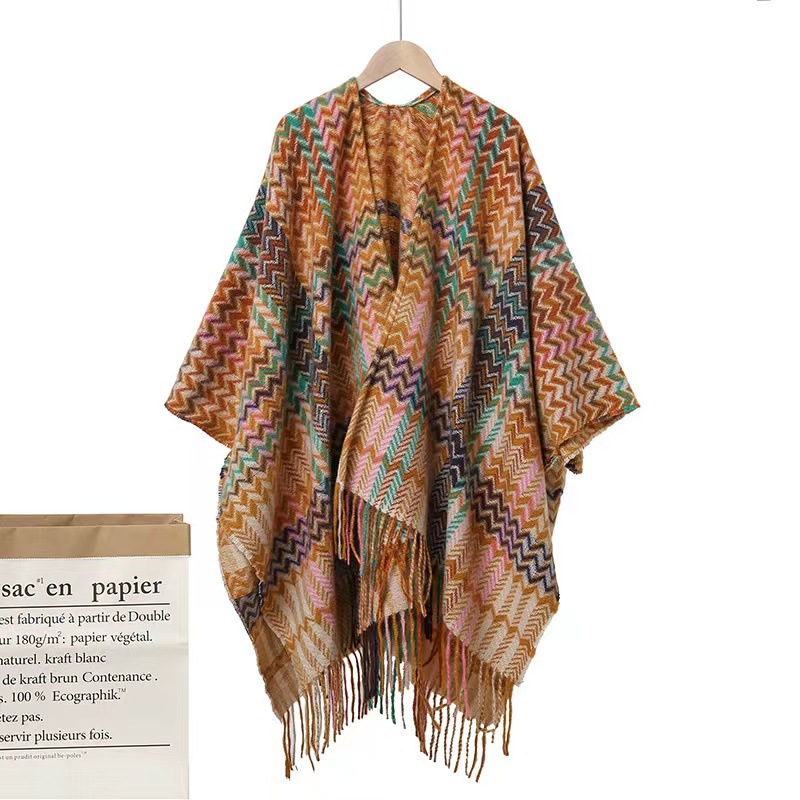 2023 Popular Sleeve All-Match Knitted Shawl Ethnic Style Tassel Split Cloak Outer Wear Warm Travel Travel