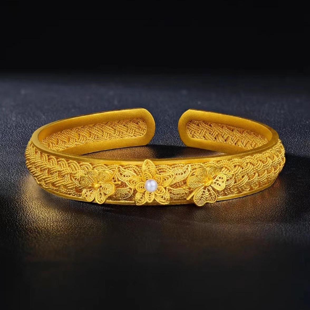 黄金色莲开福来手镯 中式复古花丝古典开口手环宫廷风女款手饰