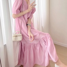 2298#粉色茶歇法式连衣裙2023女新款小众设计感气质女神范长裙