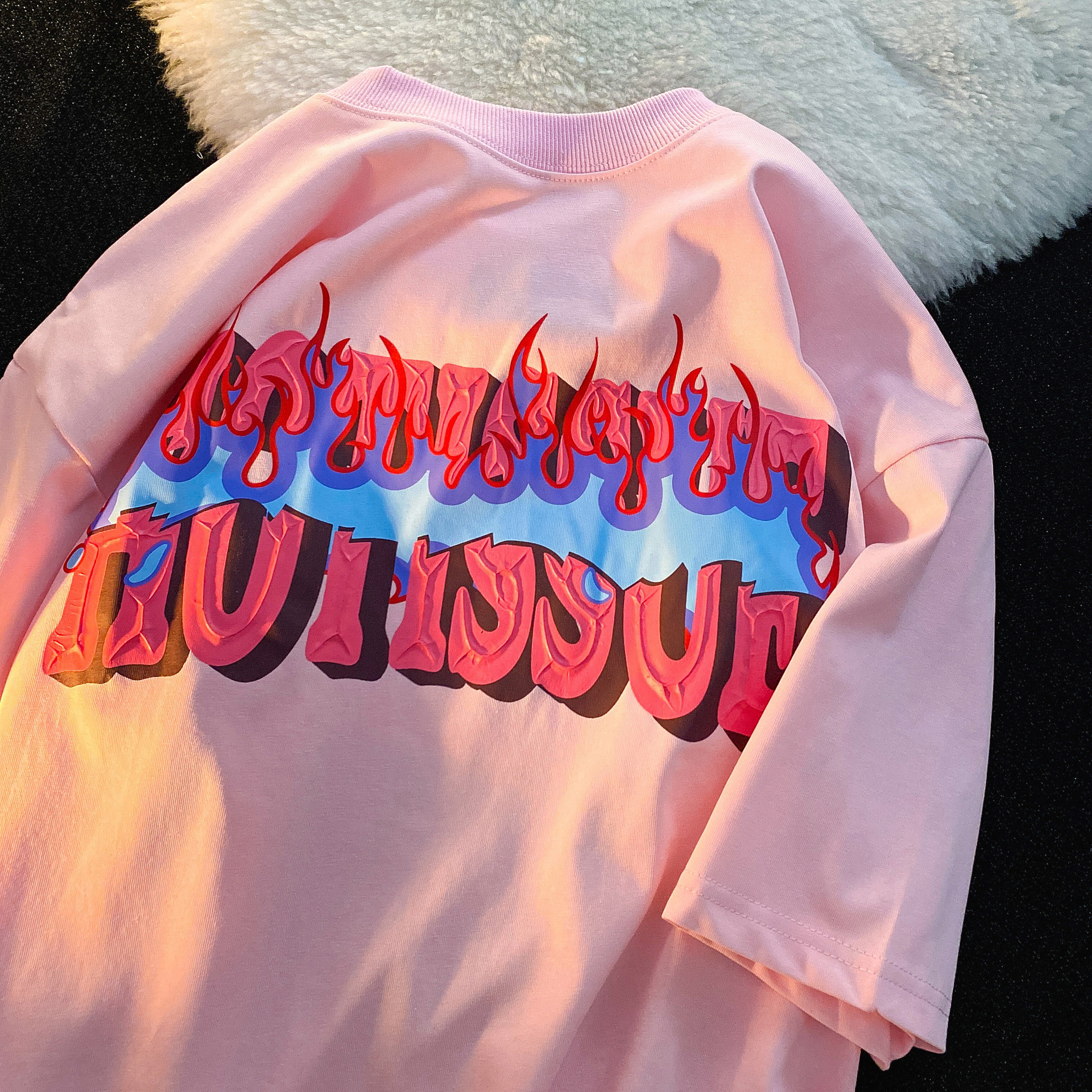 2022夏季新款字母印花国潮涂鸦火焰ins风短袖t恤宽松复古炸街情侣