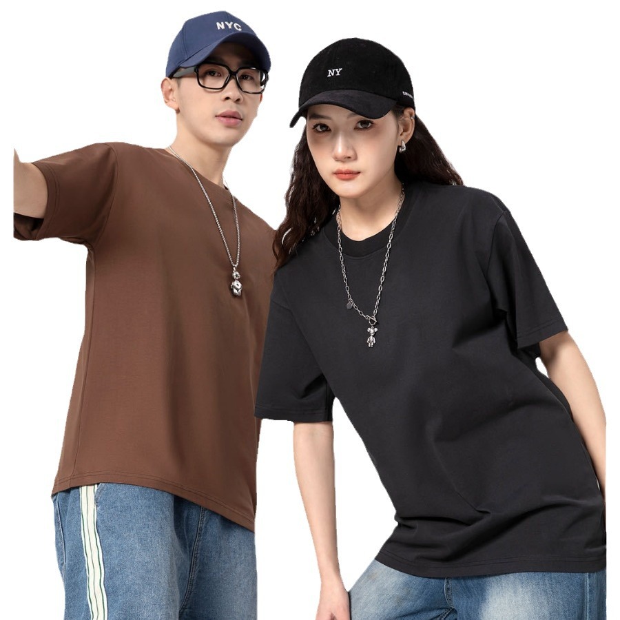 Heavy 230G Pure Cotton Double Yarn Drop Shoulder round Neck T-shirt Short Sleeve Trendy Male Female Student Business Attire Print Words and Picture Logo