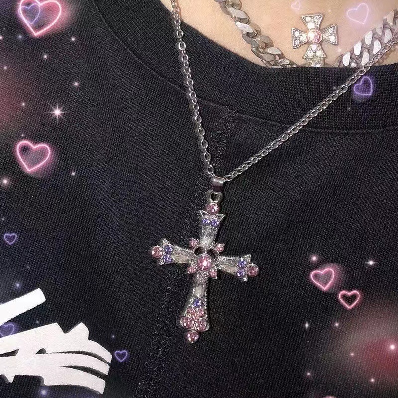 New Gothic Pink Zircon Cross Necklace Europe and America Cross Border Nightclub Hot Girl Stylish Pendant