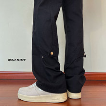 美式vibe高街裤子小众设计感纯黑色修身小脚牛仔裤男直筒微喇长裤