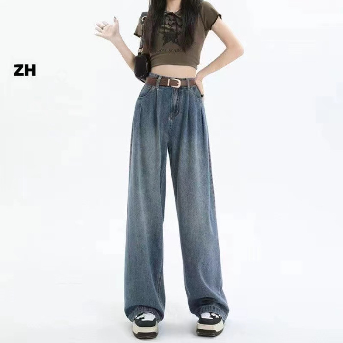 Khaki Casual Pants Women's Denim Mop Pants  New High Waist Slimming Loose Straight Wide Leg Pants Long Pants